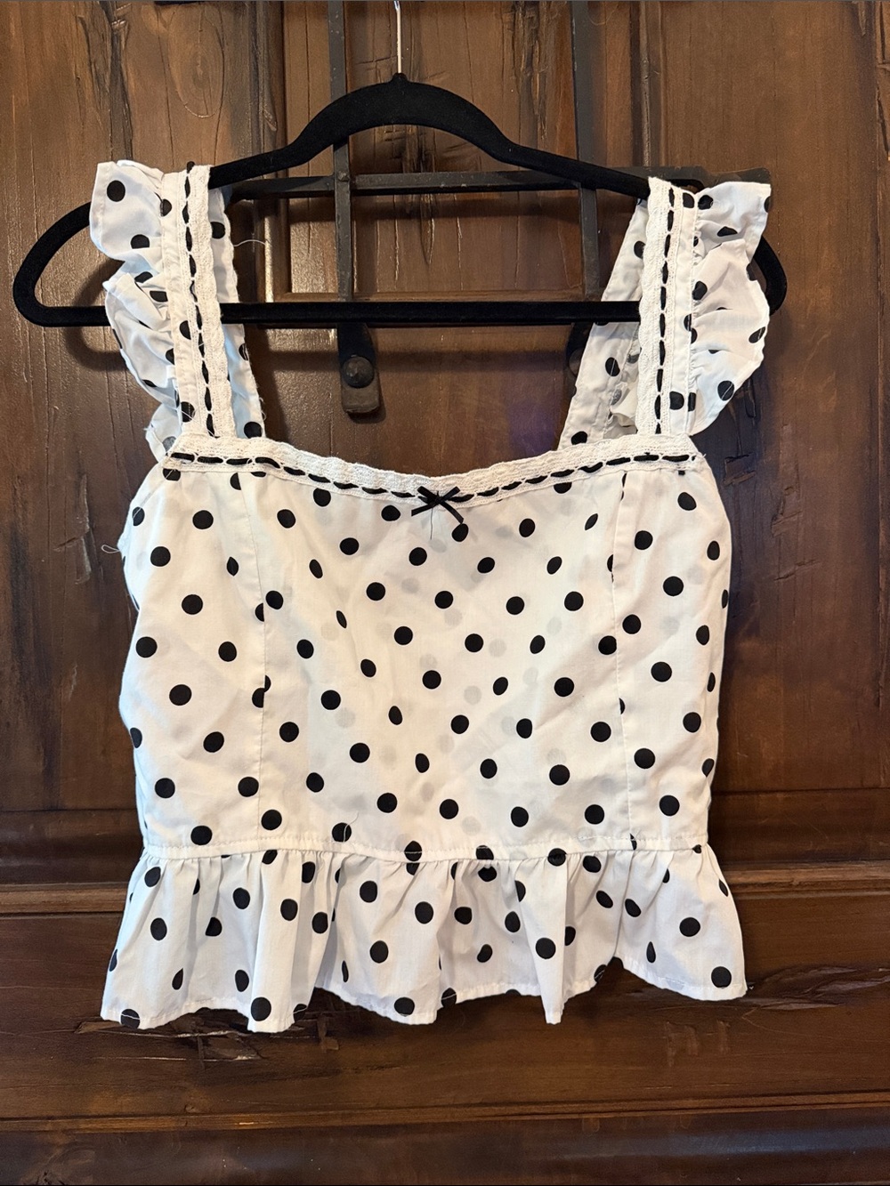 Polka Dot Ruffle Strap Crop Top in White and Black